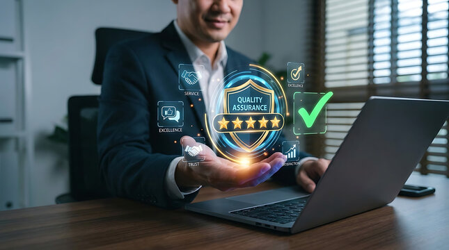 Professional corporate businessman presenting digital quality assurance badge featuring five gold star rating and approval check mark symbol above laptop for customer satisfaction and trust