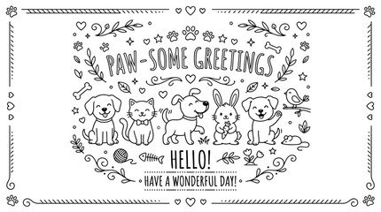 Cute cartoon animals with greetings and floral designs © Pira