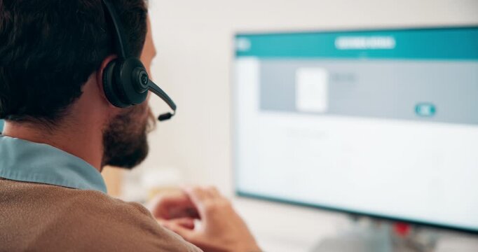 Talking, call center or man with computer screen for technical support, virtual assistance and back. Headset, tech and consultant on hotline for help, software troubleshooting and customer service