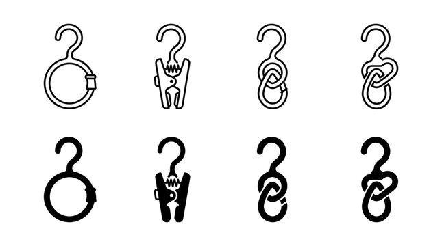 Laundry clothes pegs and hanging ring hooks vector icon set collection in line and solid black glyph design style isolated on white background