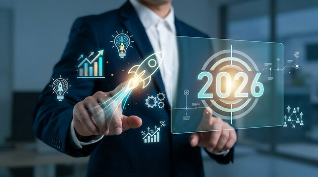 Ambitious businessman launching digital startup rocket icon toward 2026 target symbolizing rapid business growth innovation future strategy goal achievement and visionary success planning concept