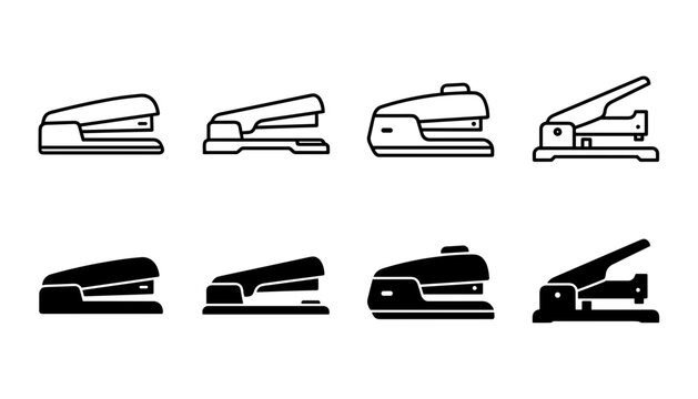 Office stationery stapler vector graphic icon set with multiple side view variations in linear outline and solid silhouette styles