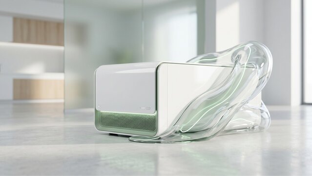 Sleek futuristic server module integrated with organic fluid glass forms