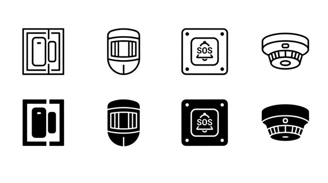 Home security and smart automation sensor icon set including door window contact motion detector sos button and smoke alarm
