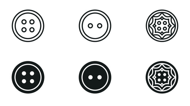 Sewing clothes button icon set with four holes two holes and decorative classic vintage patterns in linear and silhouette style