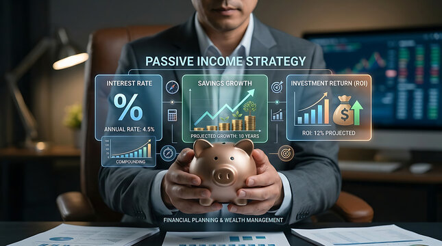 Successful businessman holding ceramic piggy bank with floating digital financial icons depicting interest rate savings growth investment return and professional personal wealth management planning.
