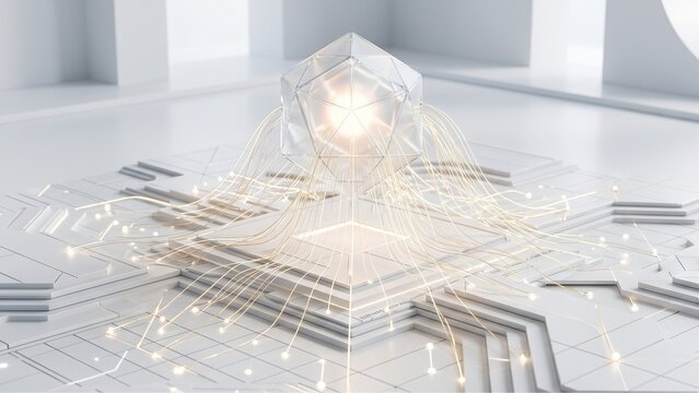 Translucent frosted glass network node connecting multi-layered grids