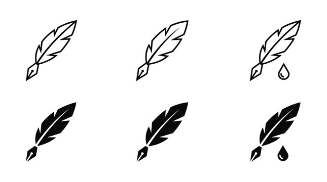 Classic feather quill pen icon set with ink nib tip and dropping ink droplet symbol in line and silhouette design variations