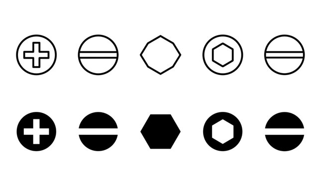 Mechanical screw head drive types icon set featuring Phillips, slotted, and hex drive patterns in outline and solid vector styles.
