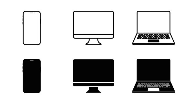 Universal responsive electronic device mockups including smartphone desktop computer monitor and laptop laptop outline and solid icons.