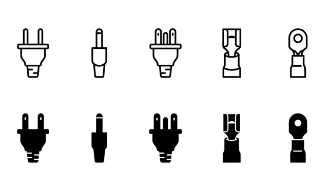 Electrical power plug and audio jack wire terminal connectors icon set in black outline and filled silhouette graphic styles.