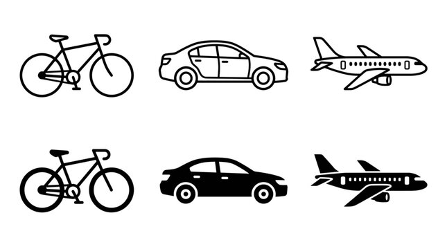 Public and private transportation vehicles icons pack featuring bicycle sedan car and commercial airplane in outline and solid.
