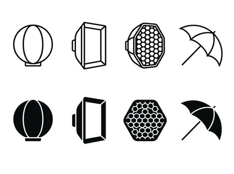 Professional studio photography lighting equipment modifiers icons including softbox octabox lantern and umbrella modifiers.