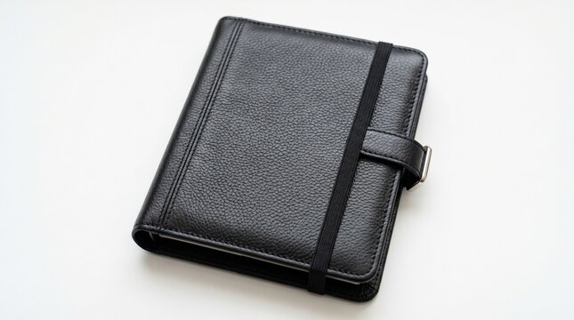A high-quality top down shot of a closed black textured leather personal organizer diary with a black elastic closure band on a minimalist clean white background for professional business pl