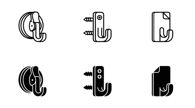 Wall hook and hanger icon set featuring suction cup screw and adhesive mounting mechanisms in outline and glyph styles for hardware UI design