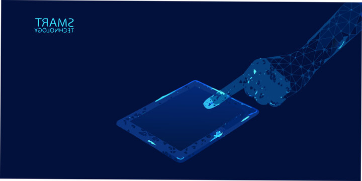 stylized wireframe hand touching screen on dark blue background vector technology digital interaction futuristic interface touchscreen human geometric design modern innovation
