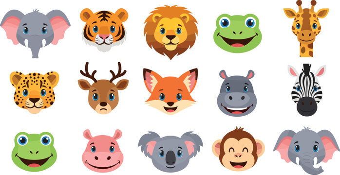 Cute Jungle Animal Face Collection Featuring Elephant Tiger Lion Frog Giraffe Zebra Monkey and Koala Cartoon Characters for Kids Designs