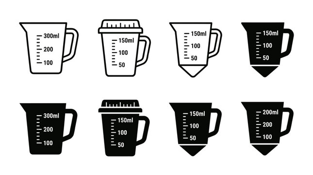 Set of measuring cup icons in line and solid styles vector illustrations of kitchen glassware liquid volume scale containers for cooking