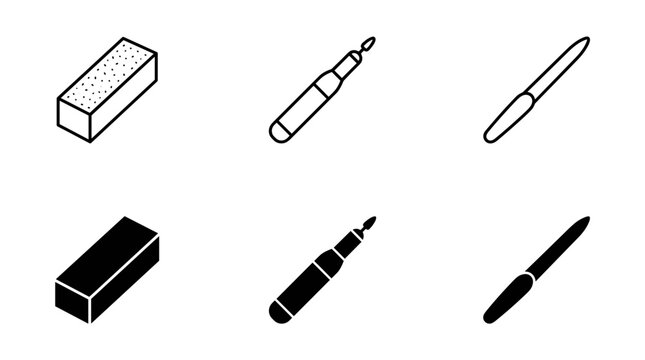 Professional nail care and manicure tools icon set featuring buffer block electric nail drill file in outline and solid silhouette styles
