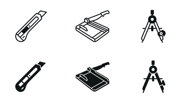 Professional cutting and drafting tools icon set with utility paper cutter guillotine trimmer and geometry drawing compass vector