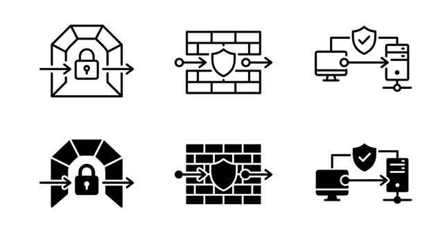 Computer network data security vector icons depicting encrypted tunnel firewall shield and secure computer server data transfer process.