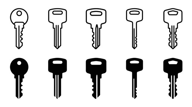 House and padlock key variations line and silhouette icons collection for locksmith services security agency branding and web UI elements.