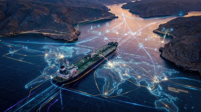 A conceptual image of an oil tanker in the Strait of Hormuz overlaid with high-tech digital data networks and supply chain graphics.