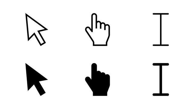 Computer mouse cursor arrow and hand pointer line icons set text selection edit insert text tool web interface navigation vector illustration