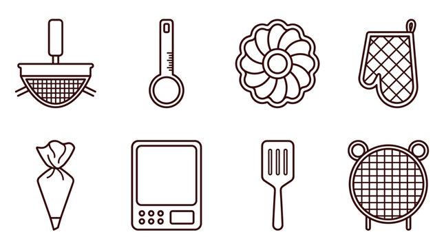 Baking and pastry kitchen utensils line icon set with piping bag scale thermometer colander whisk silicon mold oven mitt and confectionery cooking tools