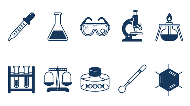 Science and laboratory research line icon set including microscope beaker test tubes pipette safety goggles chemical molecule structures and equipment
