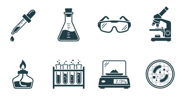 Science laboratory research equipment solid icon set vector, biology chemical experiment tools flask microscope pipette burner scale