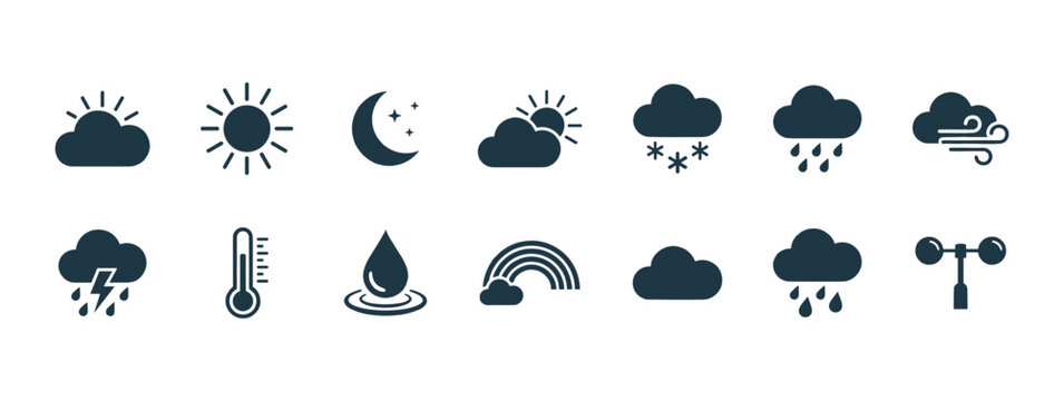 Weather forecast outline vector icon set with sun moon cloud rain snow wind storm lightning temperature thermometer and rainbow symbols