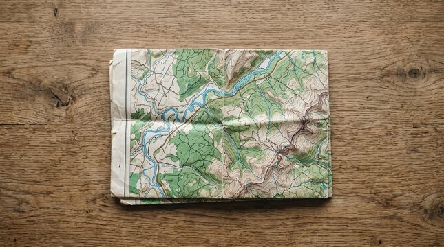 Detailed topographic paper map of a wilderness landscape spread flat on a rustic wooden table surface aerial top down view of a folded hiking map showing river contours and mountain terrain
