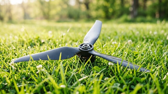 Carbon fiber drone propeller mounted on a brushless motor resting in lush green grass at golden hour with soft sunlight creating a focused technical hobby concept
