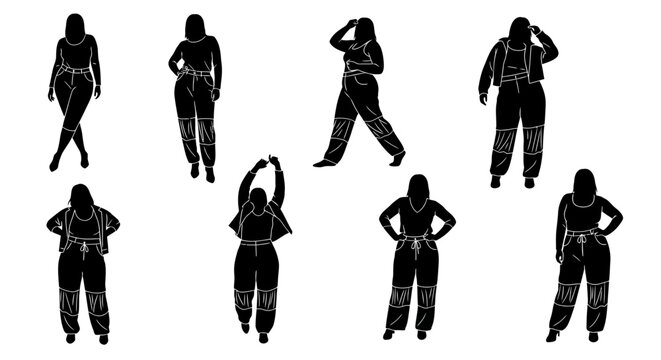 Set of silhouettes of a plus size woman in casual clothes posing