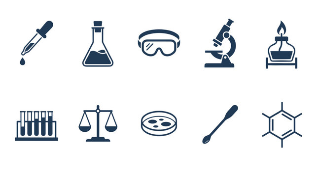 Laboratory equipment and chemistry flat icons set with pipette flask safety goggles microscope burner test tubes scale petri dish