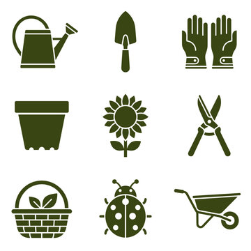Gardening tools and backyard agriculture flat icon set including watering can trowel gloves pot sunflower pruner basket ladybug wheelbarrow