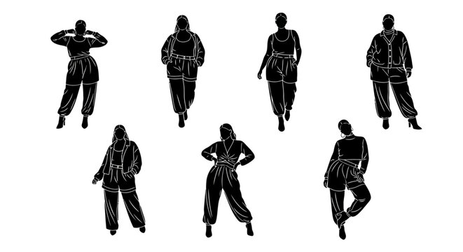 Set of silhouettes of plus size women posing in stylish outfits
