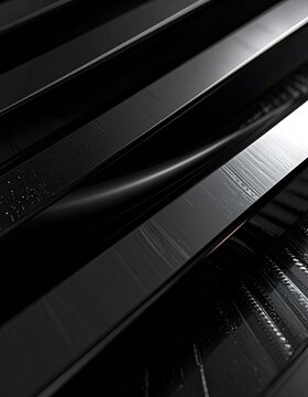 Abstract 3D rendering of metallic dark parallel lines with reflections.