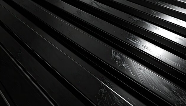 Abstract pattern of parallel black metallic ridges with light reflections.