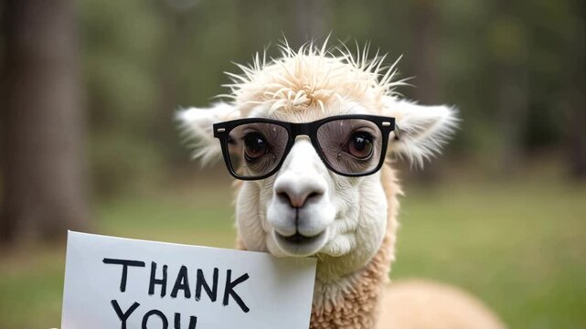 Alpaca wearing black glasses holds a thank you sign in a natural outdoor setting, showcasing a friendly expression and clear visibility of the message