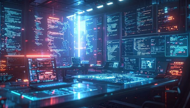 A futuristic control room filled with glowing screens displaying code and data.