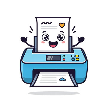 Cartoon printer, smiling face, office illustration, blue color, graphic design element
