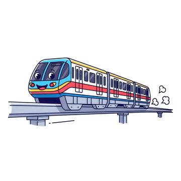 Colorful cartoon train, monorail on track, transportation illustration, train on elevated rail