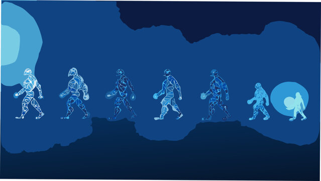 sequence of human evolution stages geometric vector art illustration blue color silhouette progression timeline ancestry species development prehistoric humans ape man
