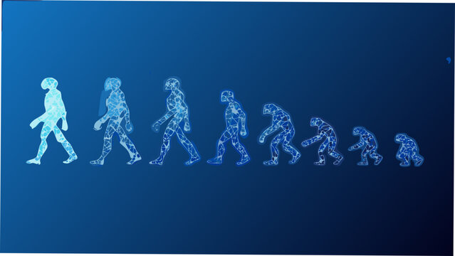 evolution sequence mosaic style human to monkey blue figures progression species development ancestry ape primate hominid timeline biological change science education