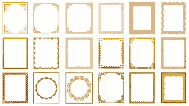 ornate frame collection vector illustration decorative border rectangular oval gold color beige patterned edge scalloped dotted outline simple complex design vintage