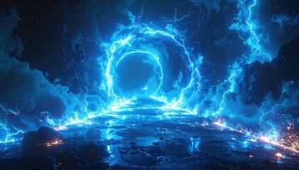 Fototapeta premium A surreal landscape with a glowing blue portal and lightning.