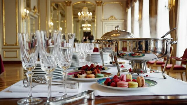 Luxurious buffet table with champagne glasses, desserts, and chafing dish, ready for an elegant event