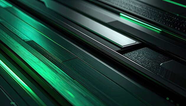 Abstract pattern of parallel lines and geometric shapes in shades of green and black.
